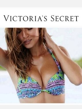 Victoria's Secret Add 1 Cup THE WRAP HALTER Swim Top in Teal Bali Gorgeous 34DD